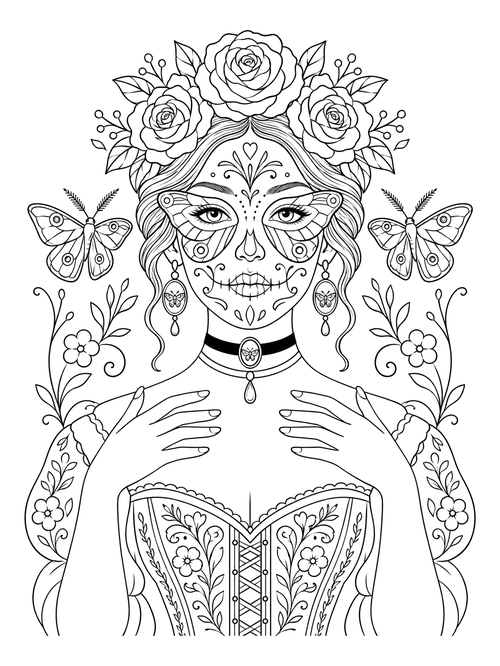 Sugar Skull Woman with Moth Wing Patterns coloring page