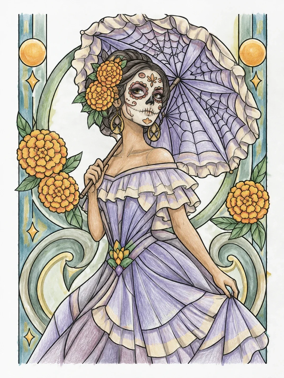 Colored example of the Elegant Sugar Skull Woman With Parasol coloring page