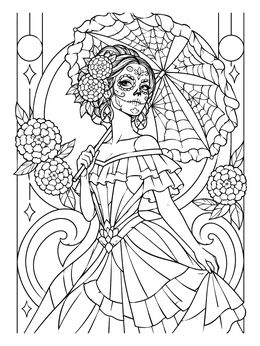 A detailed female sugar skull coloring page featuring an elegant lady with a spiderweb parasol.