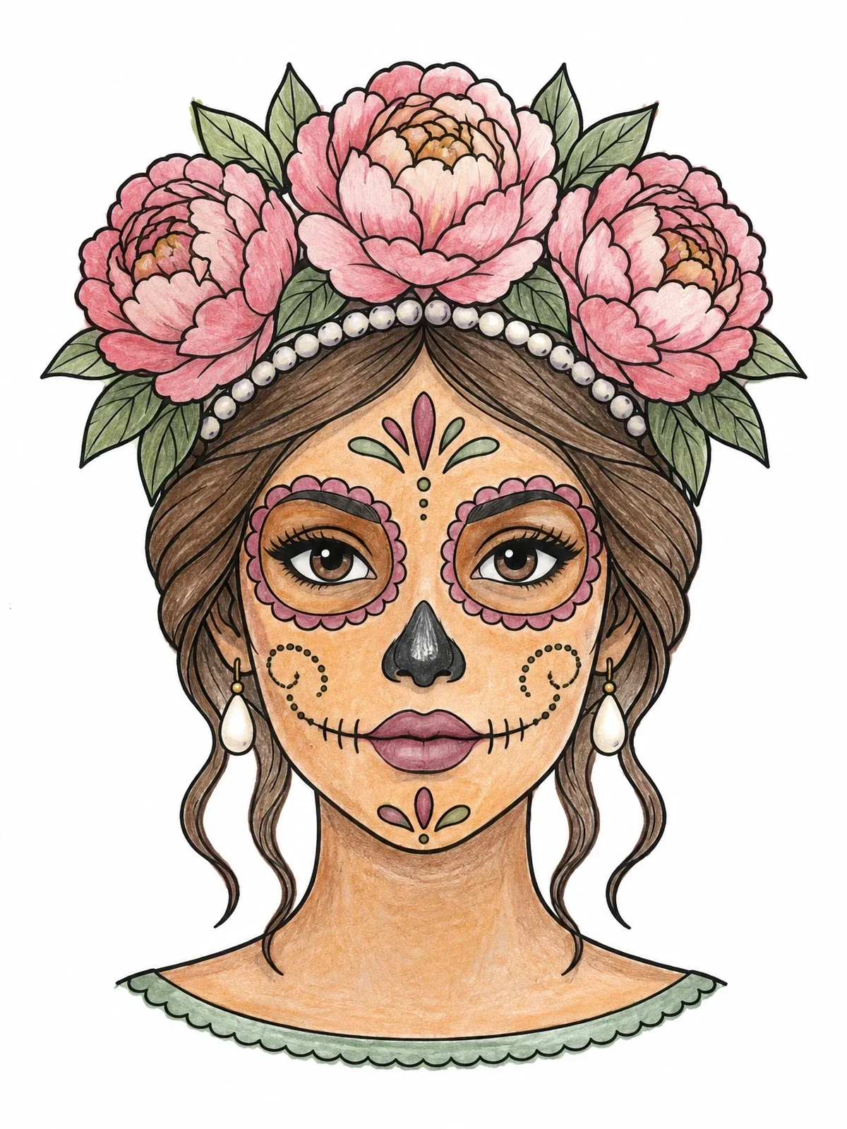 Colored example of the Sugar Skull Woman With Peony Crown coloring page