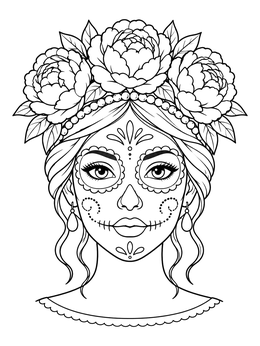 A female sugar skull coloring page showing a woman with face paint and a lush crown of peonies.