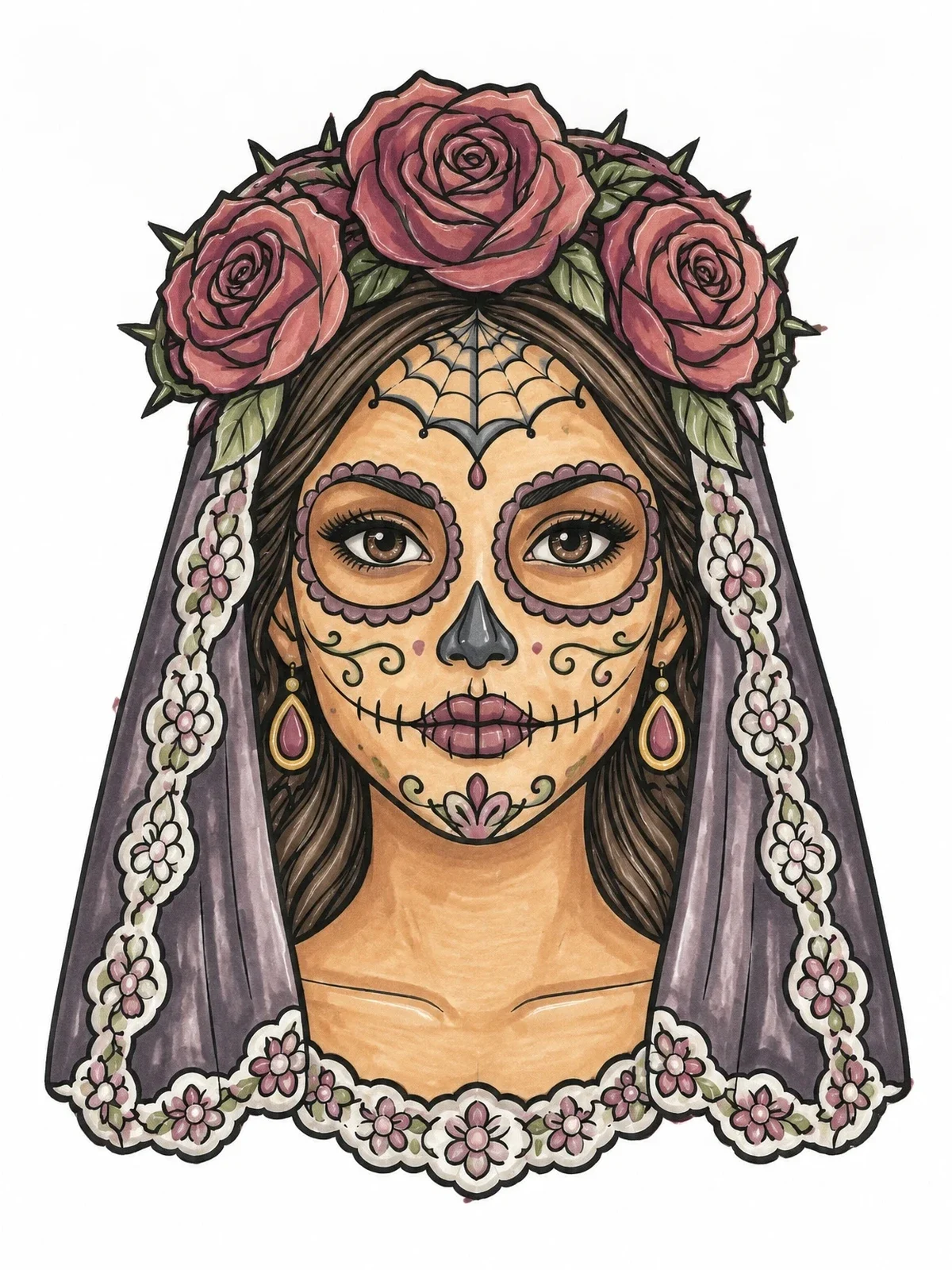 Colored example of the Sugar Skull Woman With Rose Crown coloring page