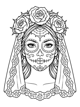 Detailed female sugar skull coloring page featuring a rose crown and lace veil.