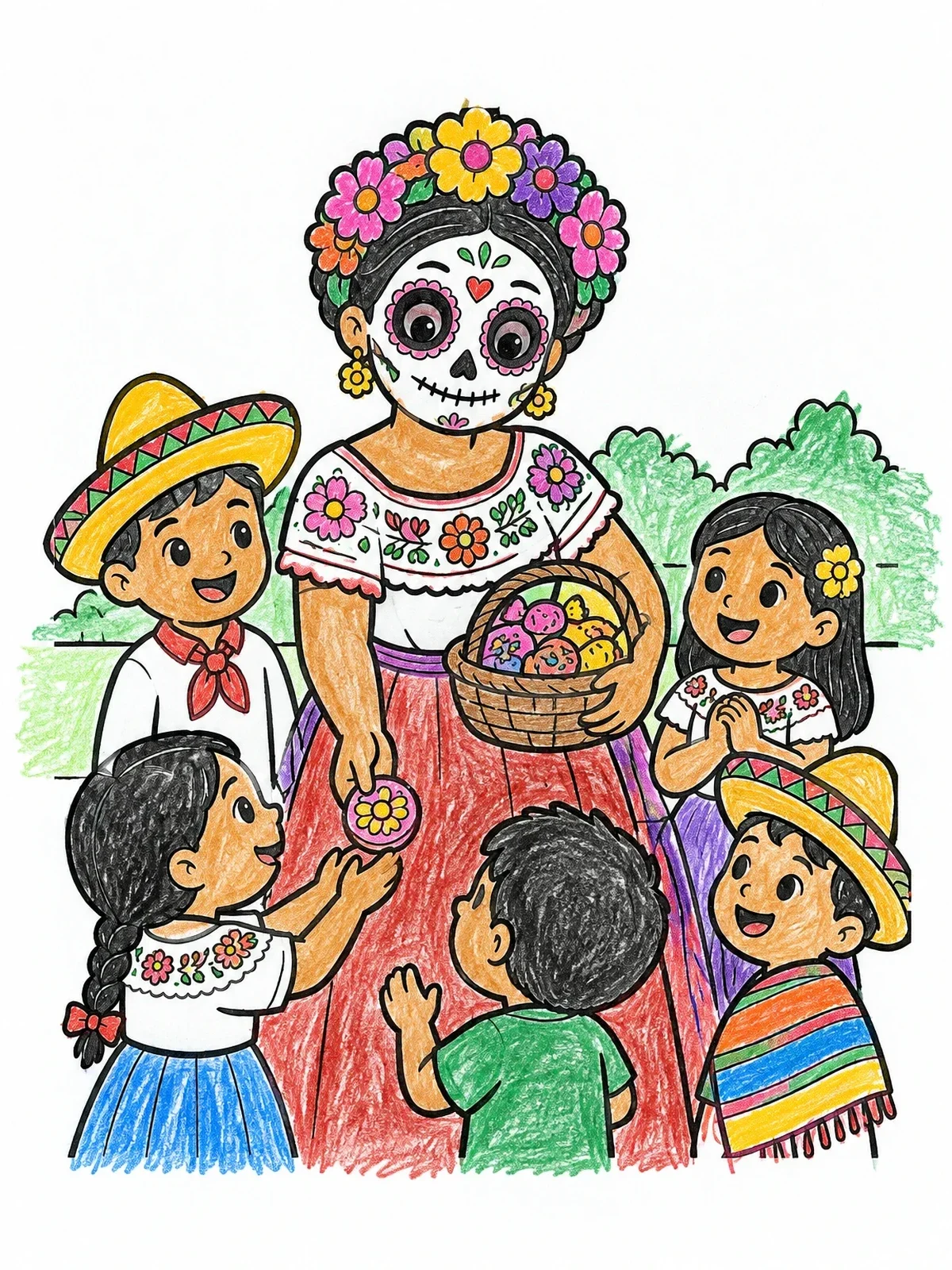 Colored example of the Sugar Skull Woman Sharing Sweets coloring page