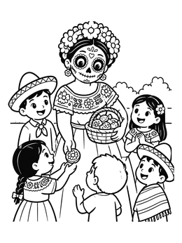 A cheerful female sugar skull coloring page featuring a lady sharing treats with children.