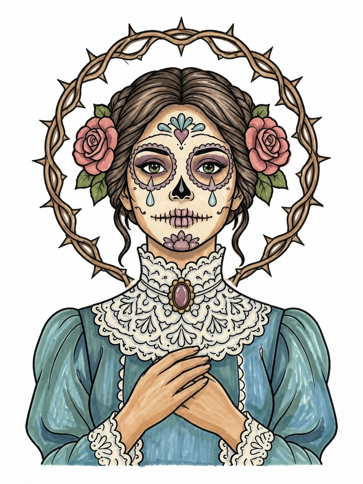 Colored example of the Sugar Skull Woman With Thorn Halo coloring page