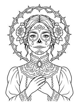 An intricate female sugar skull coloring page with lace collar and thorn halo.
