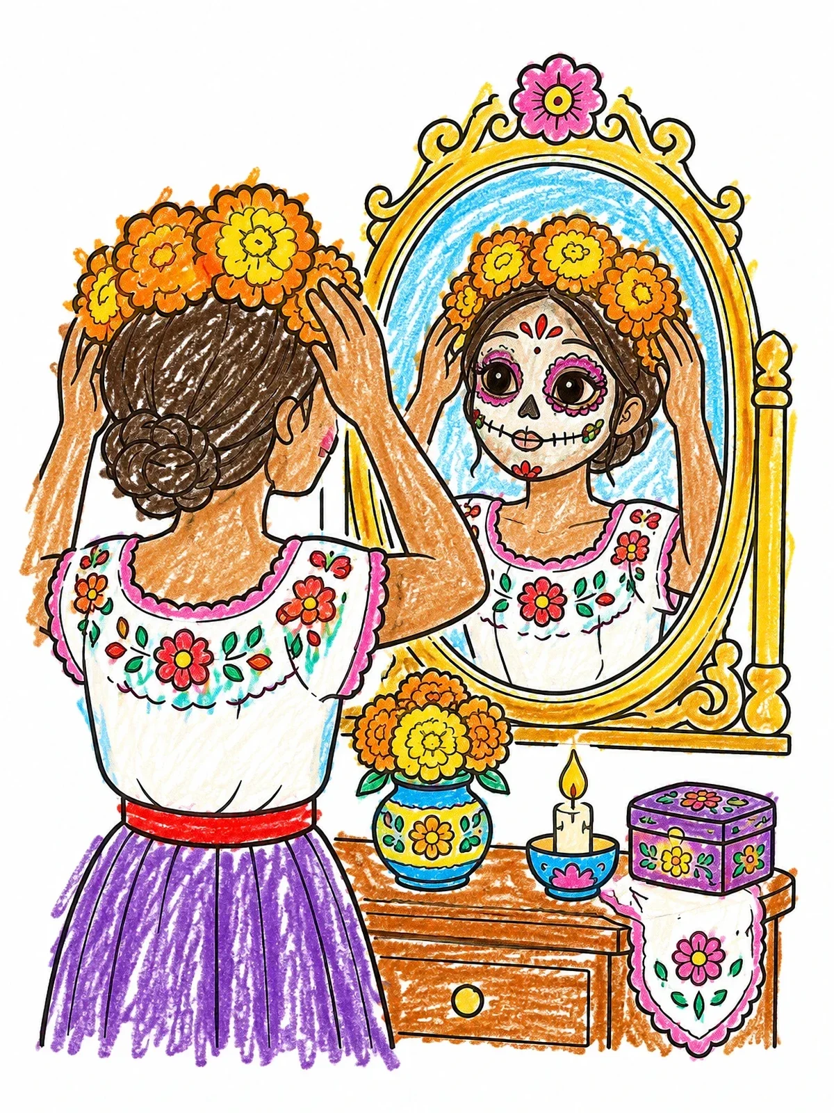 Colored example of the Sugar Skull Woman At The Vanity coloring page