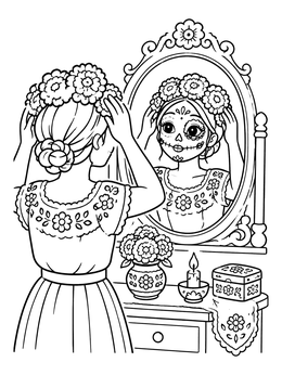 Free printable Sugar Skull Woman At The Vanity coloring page