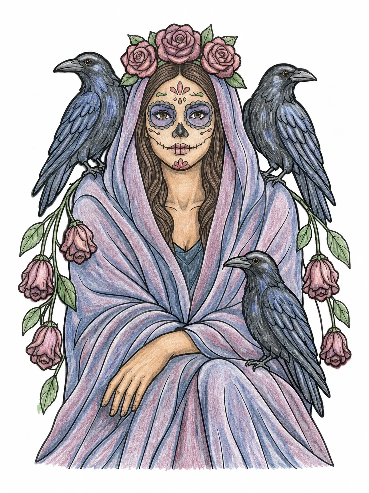 Colored example of the Sugar Skull Woman With Ravens coloring page