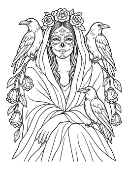A female sugar skull coloring page showing a hooded woman surrounded by perched ravens and roses.