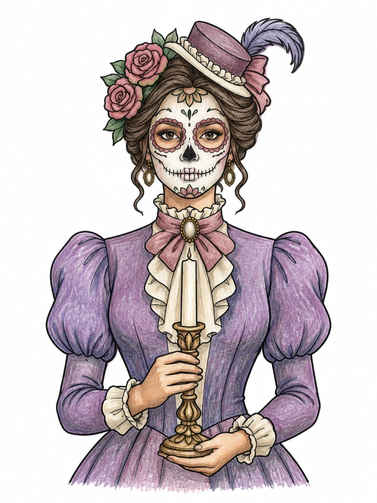 Colored example of the Victorian Sugar Skull Lady With Candle coloring page