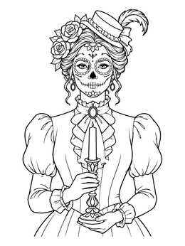 A female sugar skull coloring page showing a Victorian lady holding a taper candle.