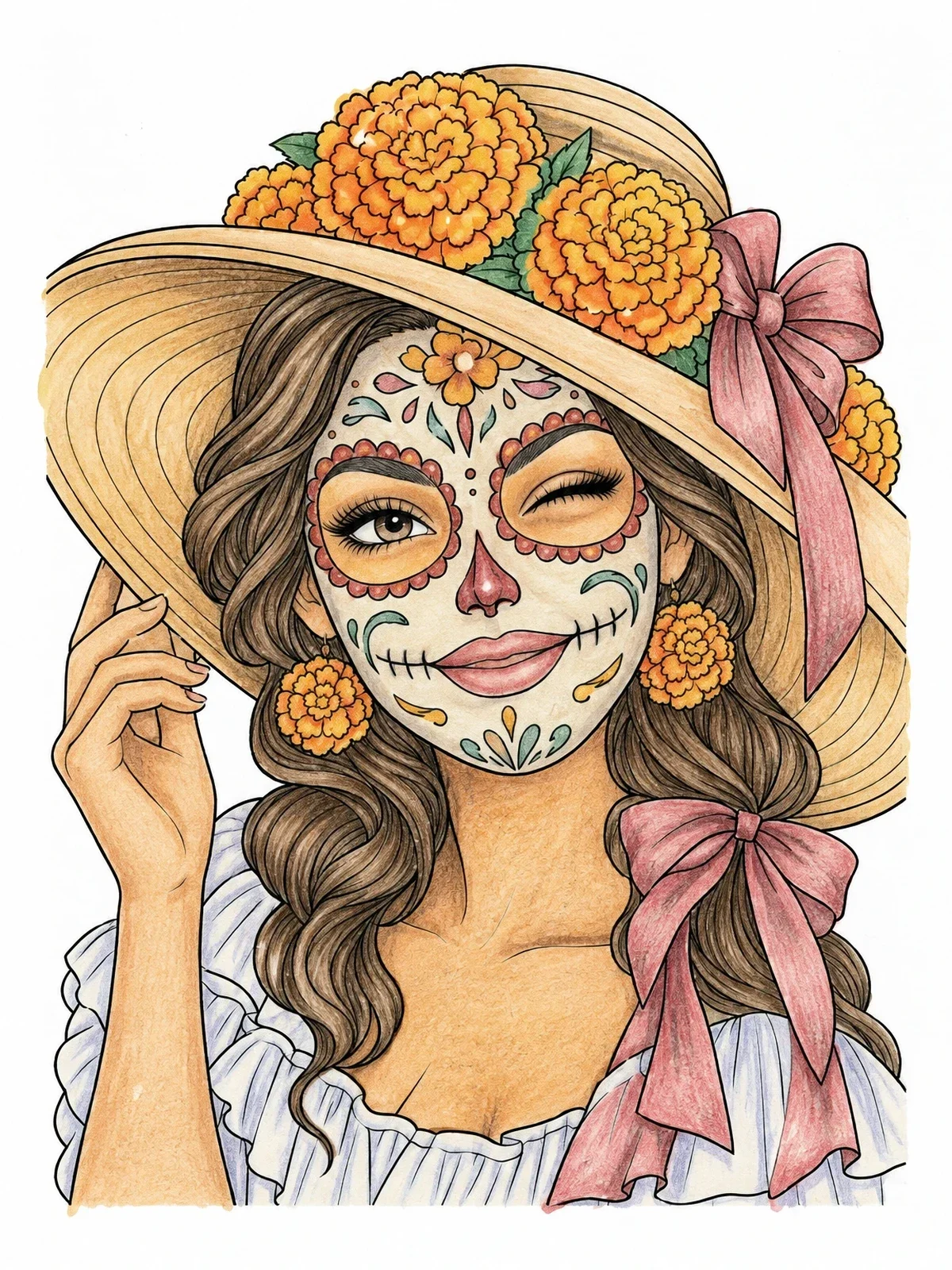 Colored example of the Winking Sugar Skull Woman In Sun Hat coloring page