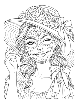A cheerful female sugar skull coloring page featuring a winking woman adorned with marigolds and a sun hat.