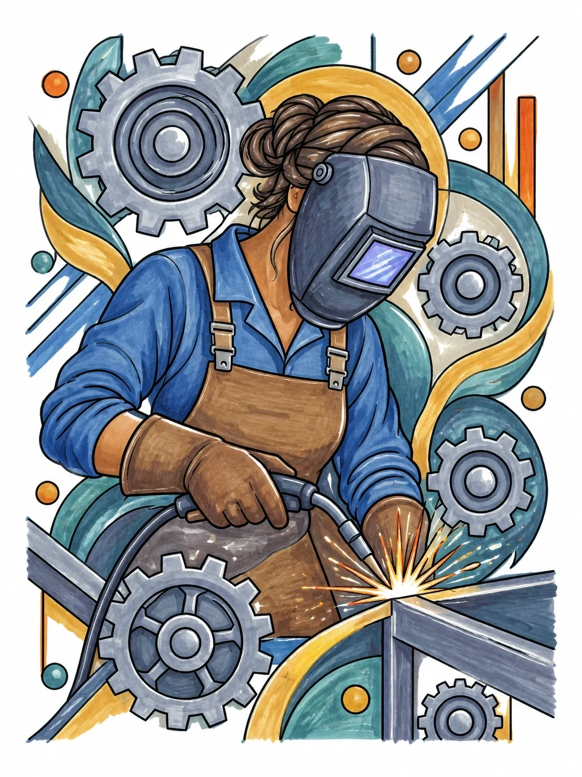 Colored example of the Female Welder With Mechanical Gears coloring page