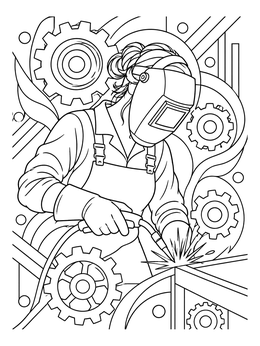 A female welder works with sparks in this detailed labor day coloring page.
