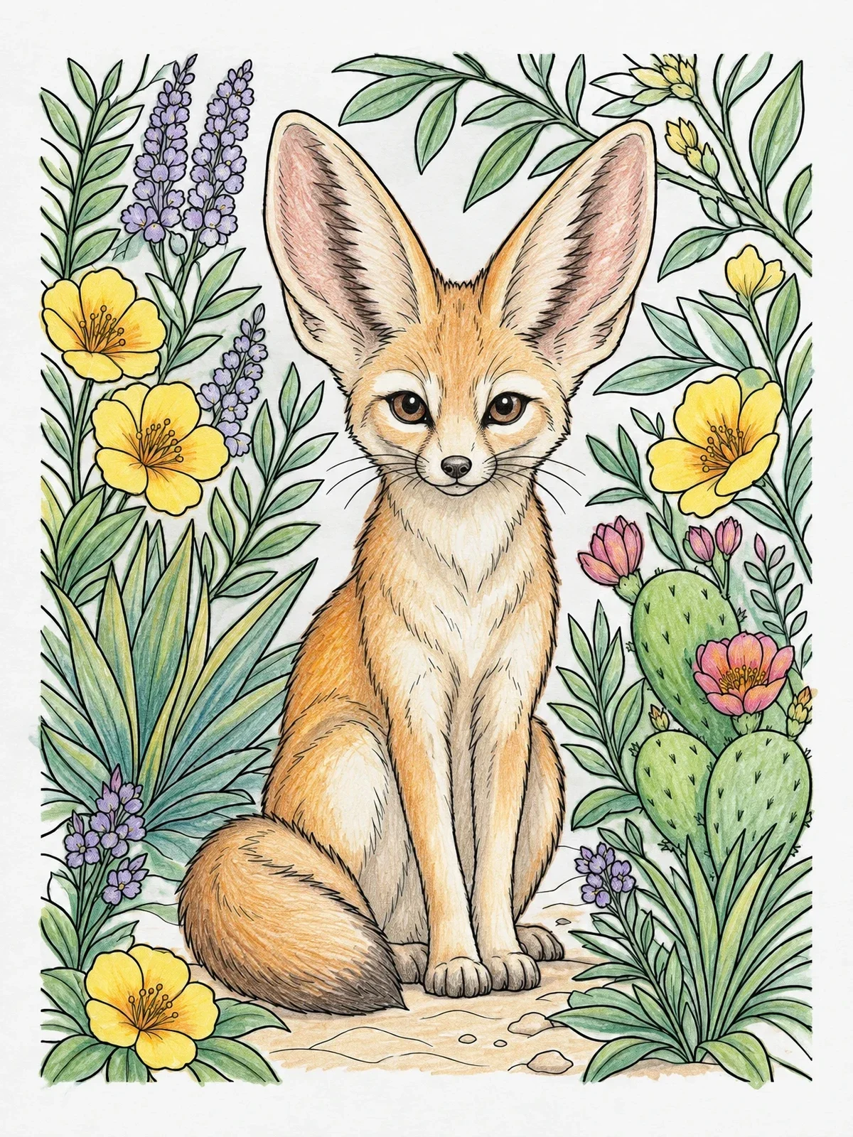 Colored example of the Fennec Fox Among Desert Flowers coloring page