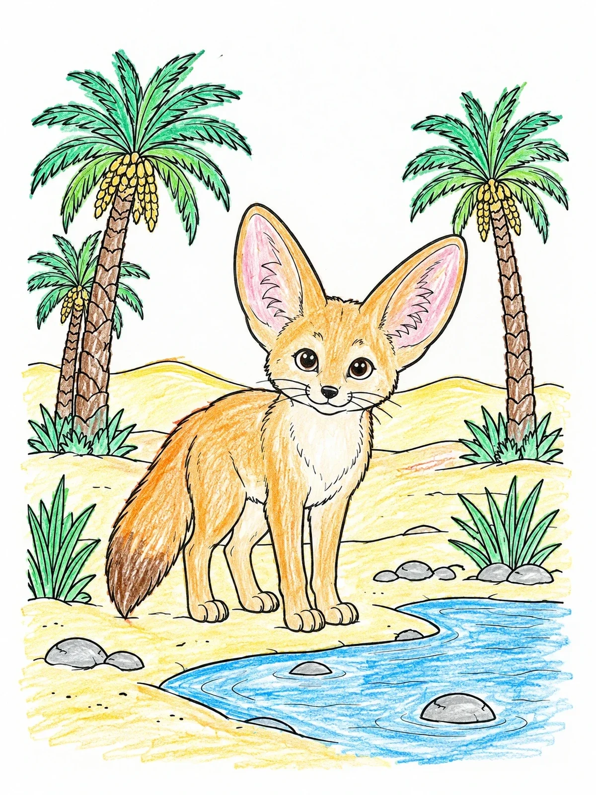 Colored example of the Fennec Fox By The Oasis coloring page