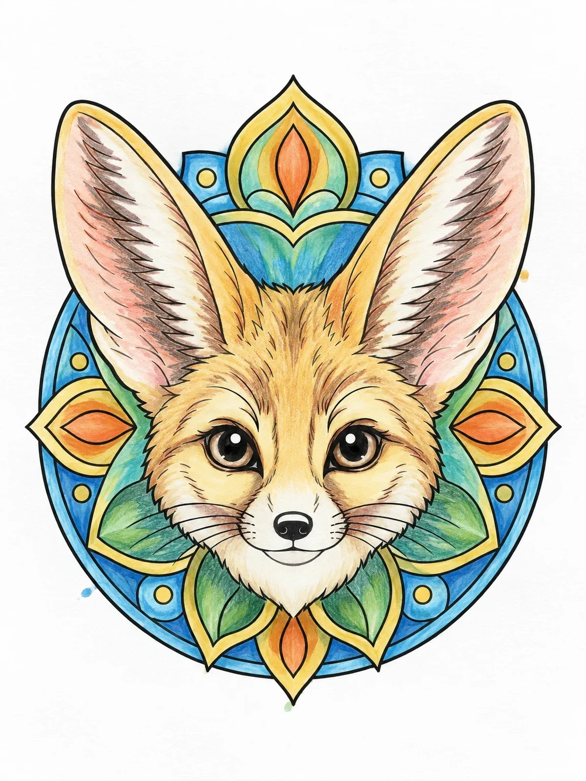 Colored example of the Fennec Fox Mandala Portrait coloring page