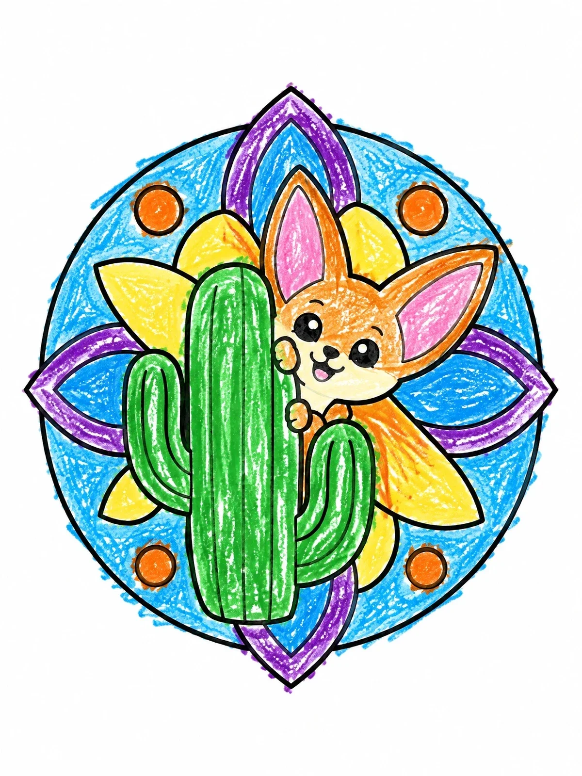 Colored example of the Fennec Fox Peeking Behind Cactus coloring page