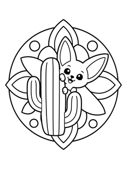 Free printable Fennec Fox Peeking Behind Cactus coloring page