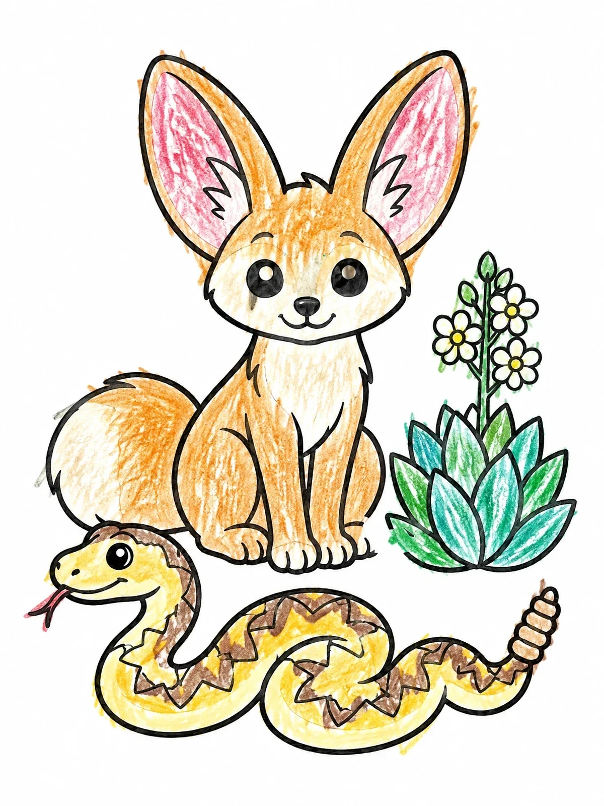 Colored example of the Fennec Fox And Rattlesnake Friends coloring page