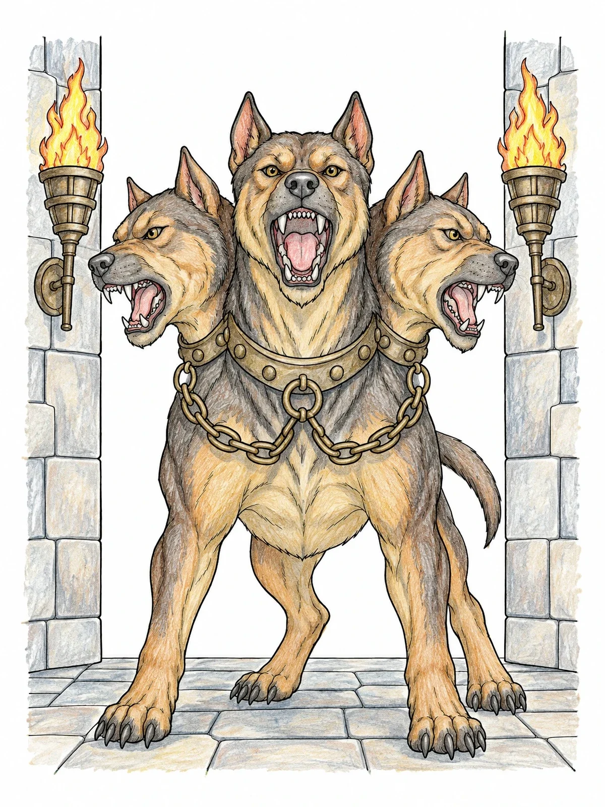 Colored example of the Ferocious Three Headed Guardian Dog coloring page