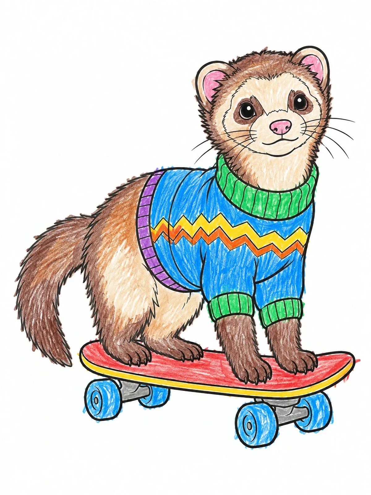 Colored example of the Ferret In A Sweater Skateboarding coloring page