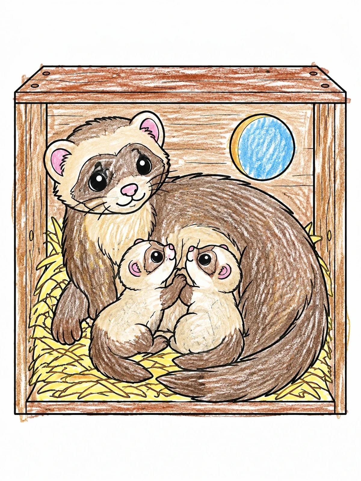 Colored example of the Ferret Mother With Cute Kits coloring page