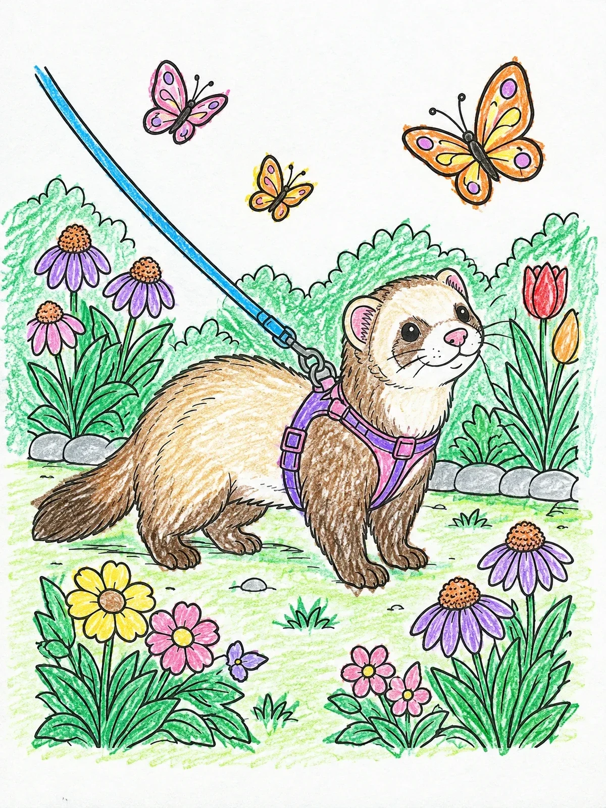 Colored example of the Ferret On A Garden Walk coloring page