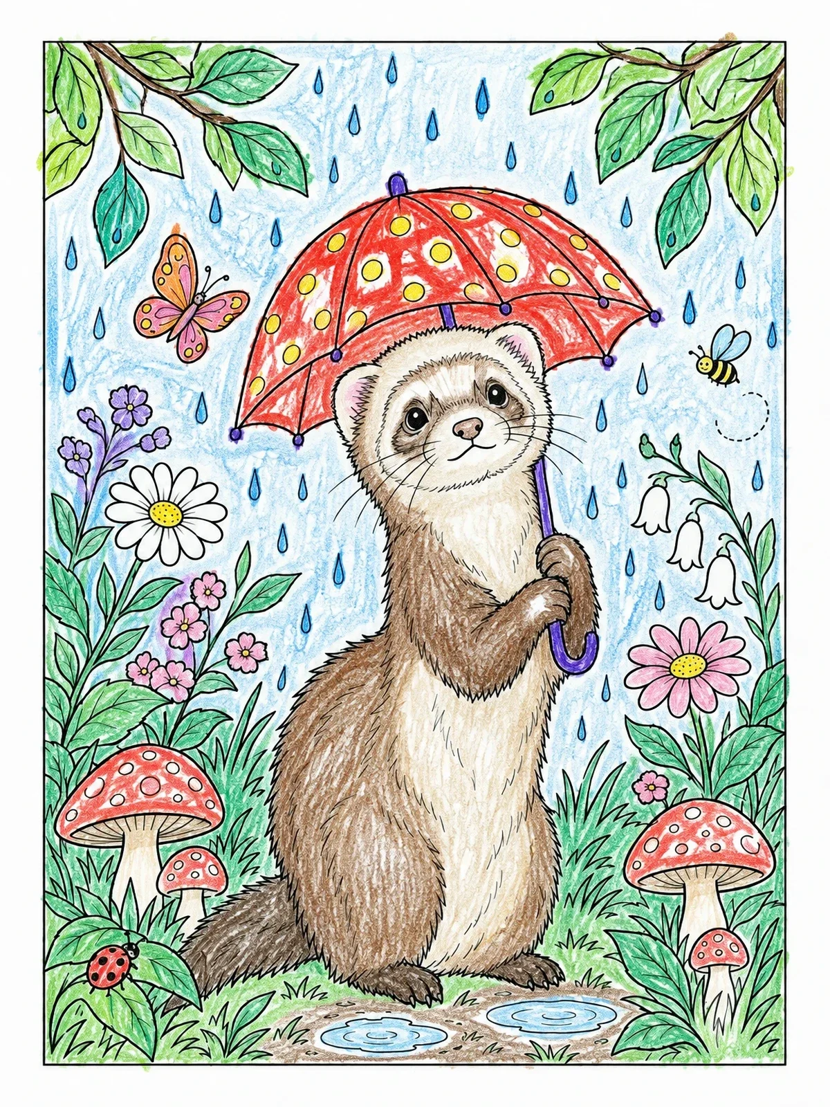 Colored example of the Ferret With Umbrella In The Rain coloring page