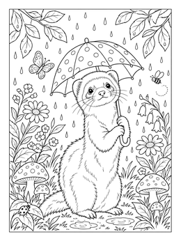 Free printable Ferret With Umbrella In The Rain coloring page