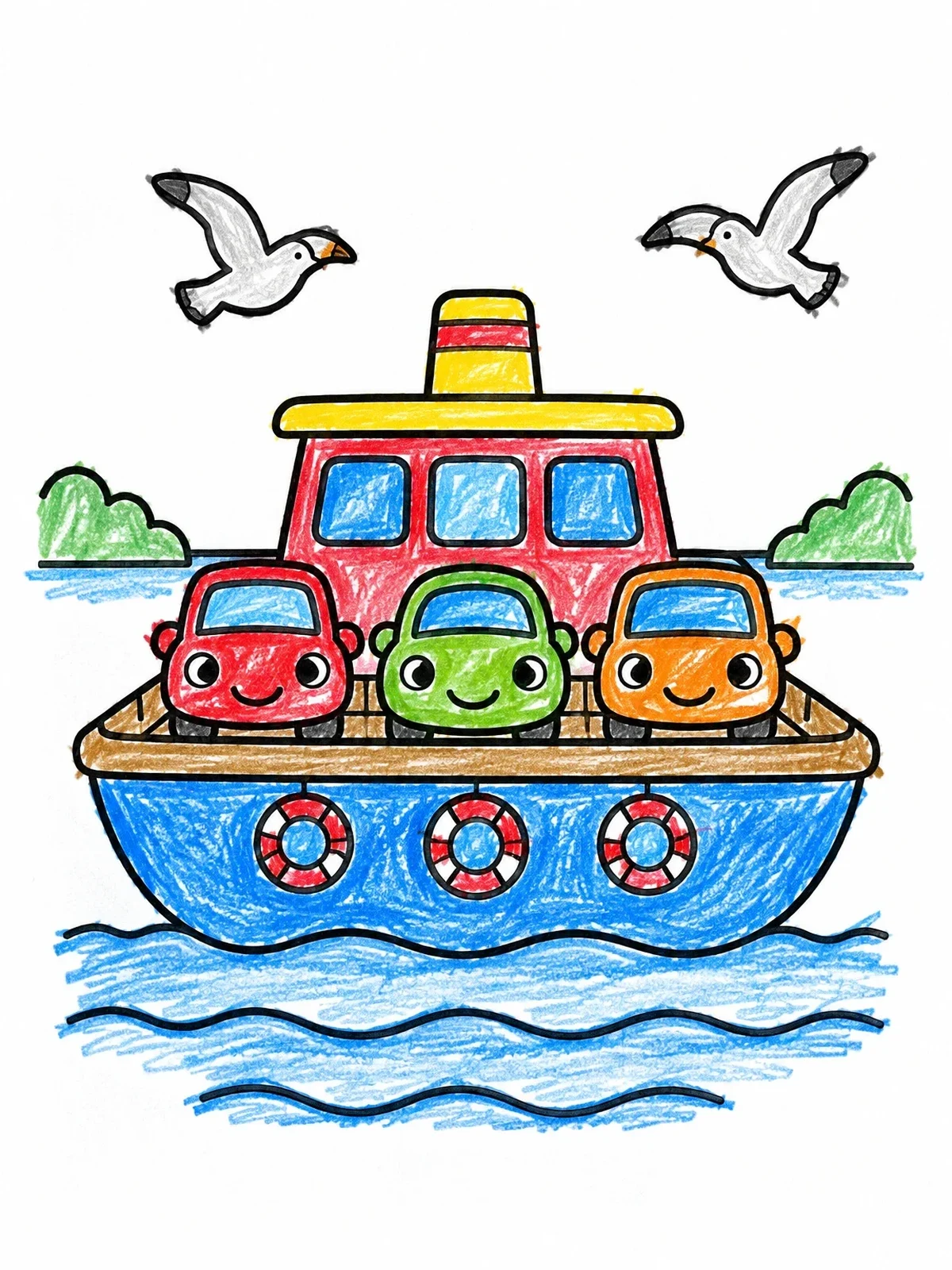 Colored example of the Ferry Boat Carrying Smiling Cars coloring page