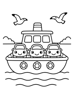 Free printable Ferry Boat Carrying Smiling Cars coloring page