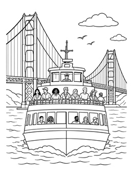 Free printable Ferry Boat By The Golden Gate Bridge coloring page