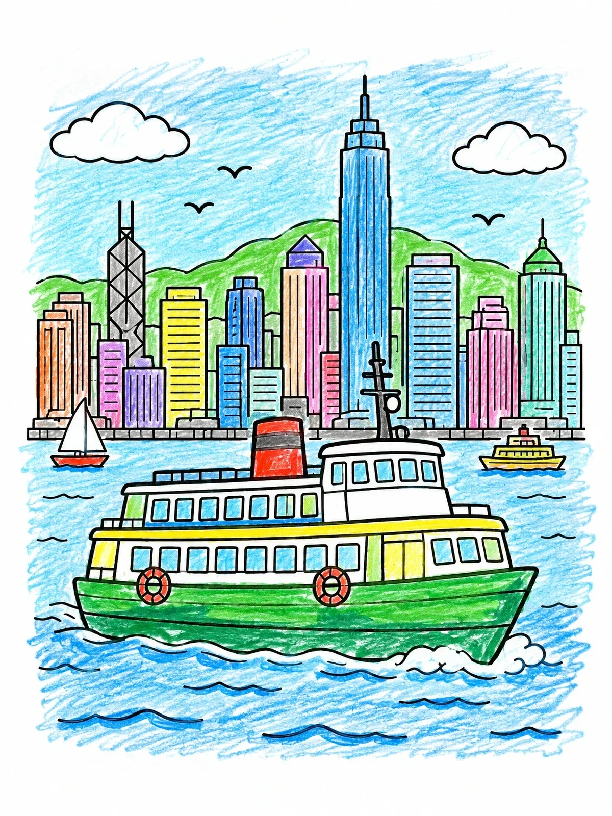 Colored example of the Ferry Boat In Harbor Cityscape coloring page