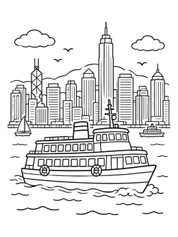 Free printable Ferry Boat In Harbor Cityscape coloring page