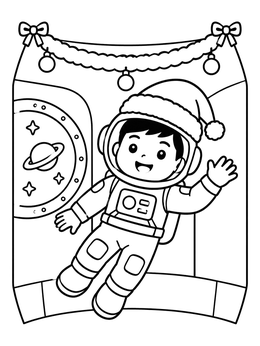 Festive kid in this astronaut coloring page wearing a Santa hat near holiday garland.