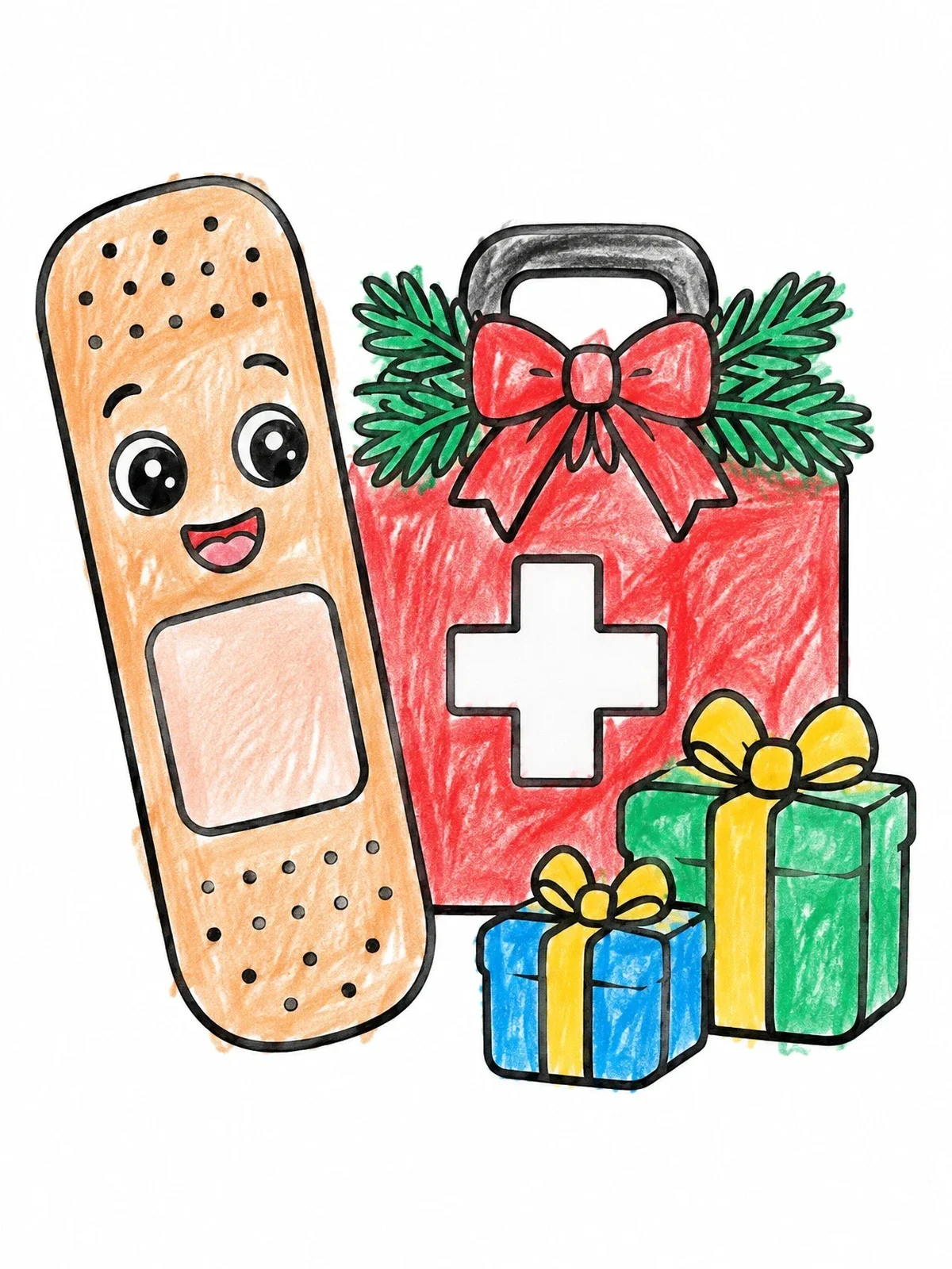 Colored example of the Festive Bandage And First Aid Kit coloring page