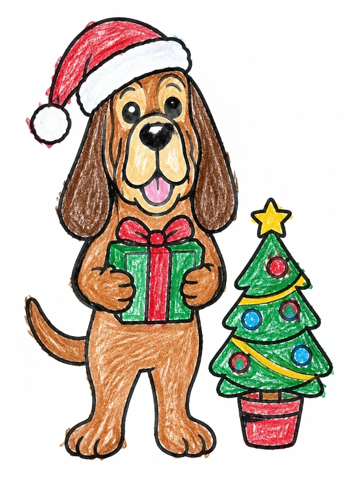 Colored example of the Festive Bloodhound With Christmas Present coloring page