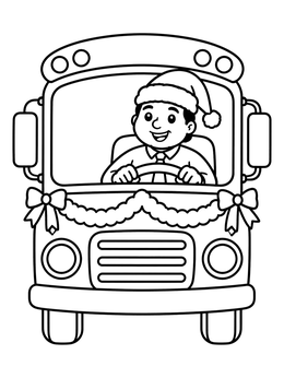 A cheerful bus driver coloring page featuring a driver wearing a Santa hat inside a decorated bus.