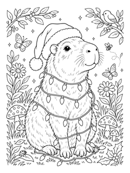 A cute capybara coloring page featuring a Santa hat and tangled glowing lights in nature.