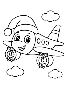 A cheerful cartoon airplane coloring page flying with a Santa hat and holiday wreaths.