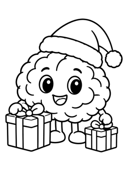 Happy cartoon brain wearing a Santa hat with presents on this brain coloring page.