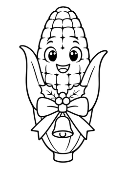 A cheerful cartoon corn coloring page decorated with a holly ribbon and bell.