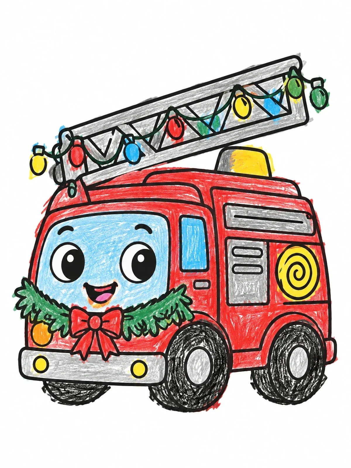 Colored example of the Festive Cartoon Fire Truck coloring page