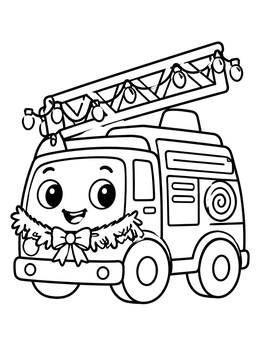 A cheerful fire truck coloring page decorated with festive garland and holiday lights.