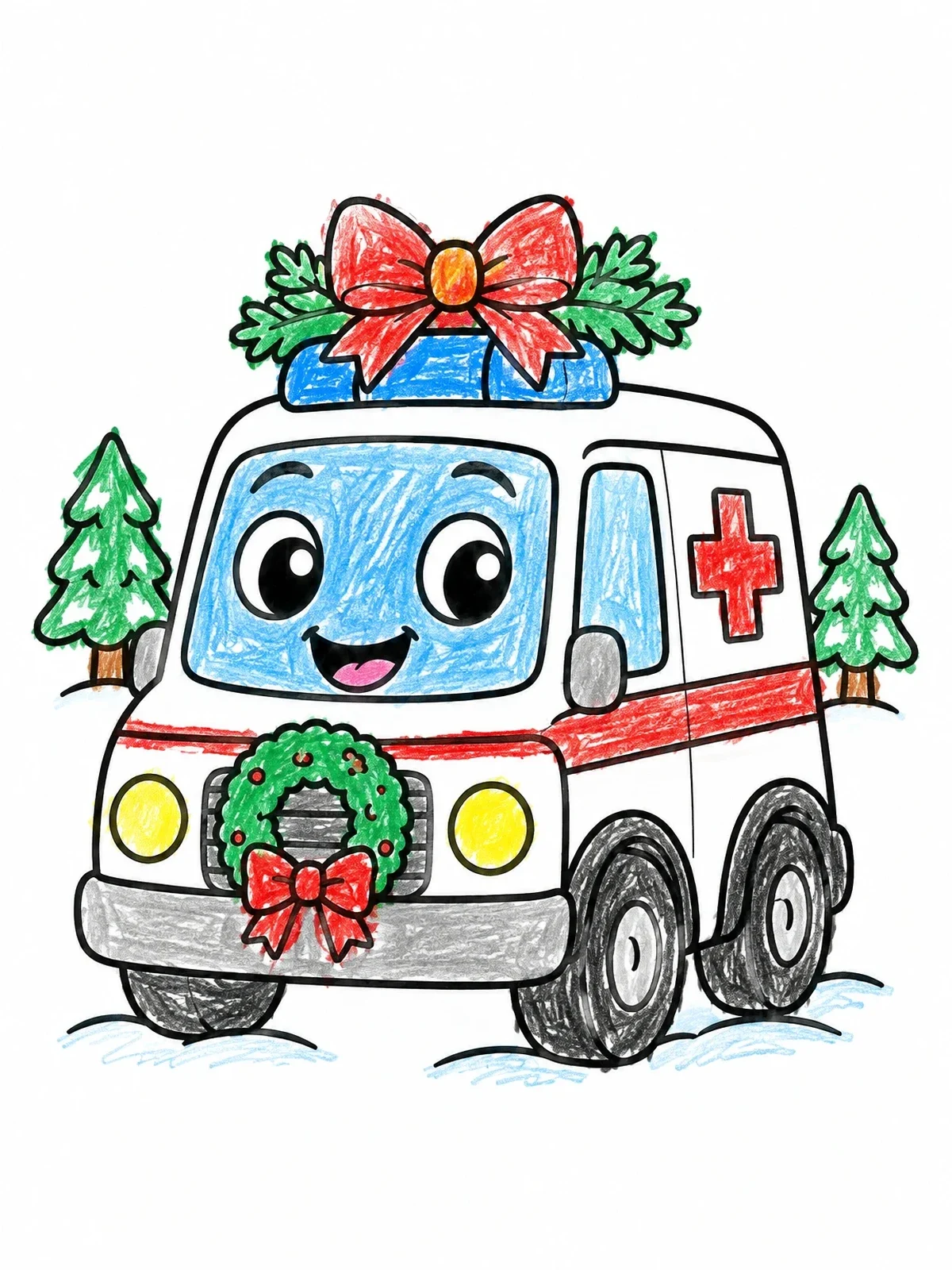 Colored example of the Festive Cartoon Ambulance In Snow coloring page