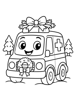 A cheerful cartoon ambulance coloring page with a holiday wreath and festive bow.